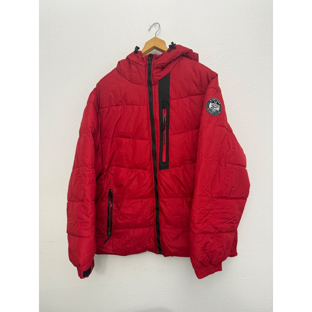 Reebok Mens Red Hooded Puffer Jacket Ripstop Quilted Winter Coat 2XL RN127805
